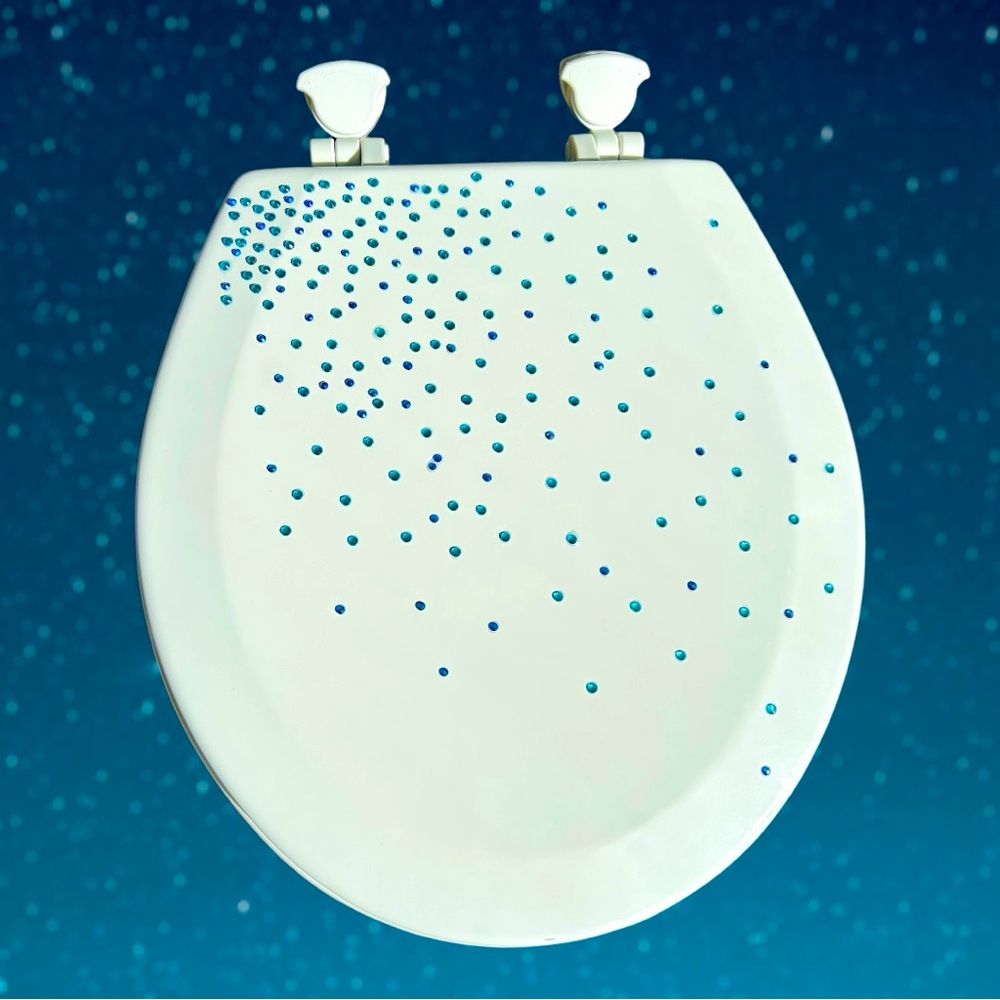 NEW Toilet Seat Round Blue Rhinestone Embellished Lid